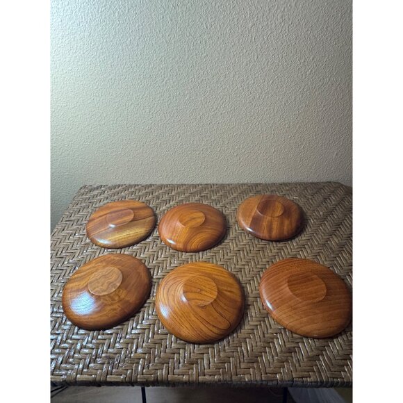 Danish Wooden Saucers Natural Grain Finish  Set Of 6 - Picture 2 of 7